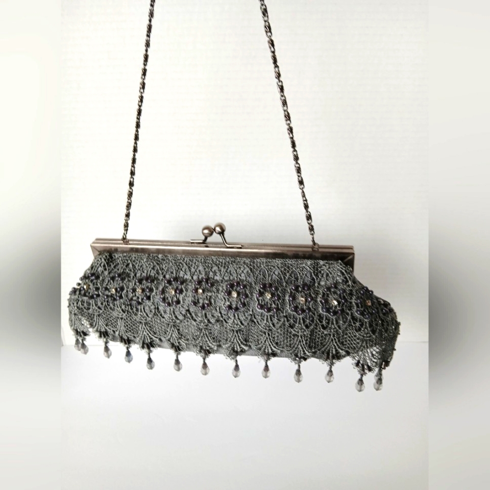 Vintage Beaded Kiss Lock Evening Satin Handbag With Hand Beaded Detail